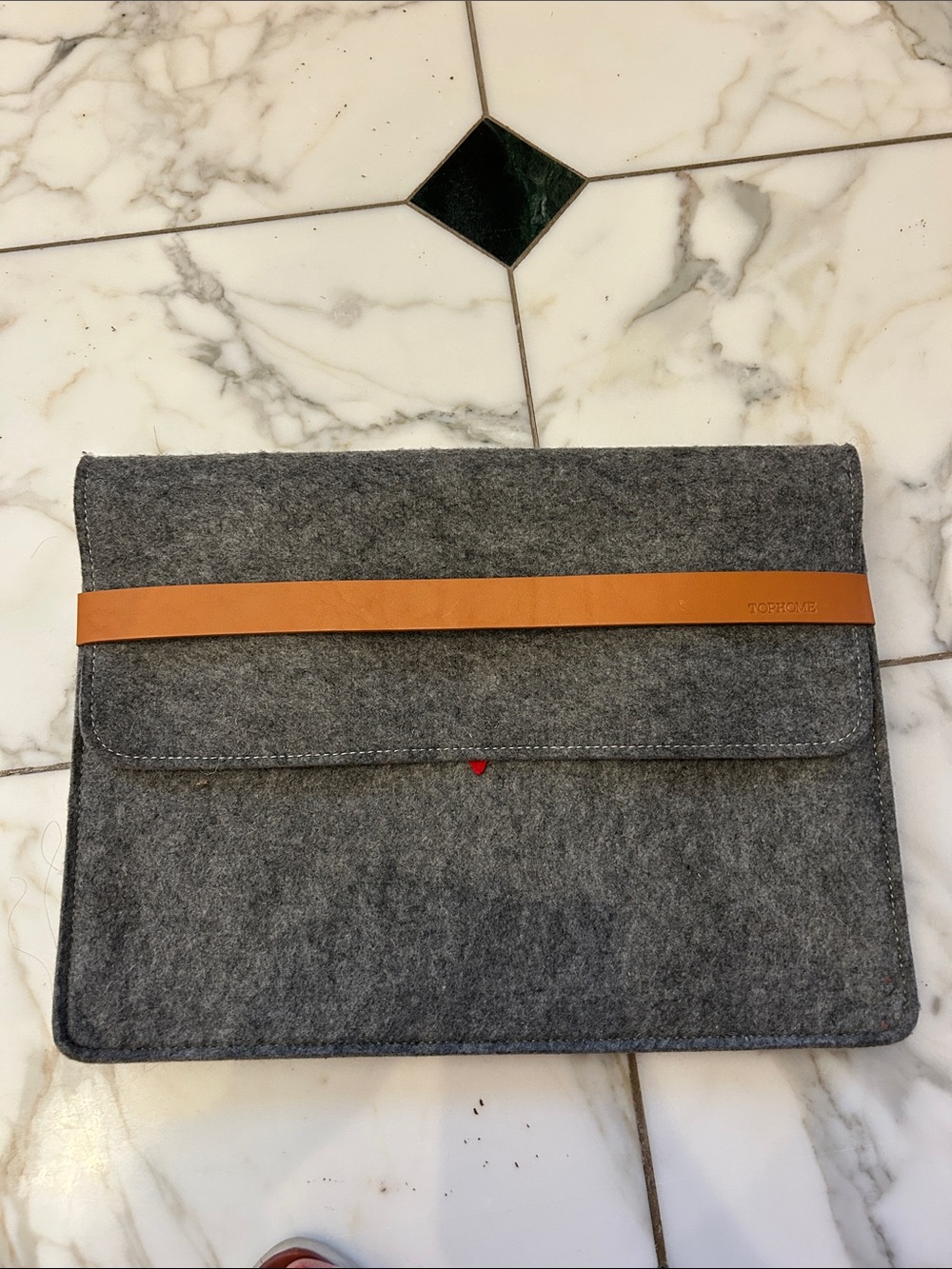 Gray Felt Laptop Sleeve with Tan leather Strap